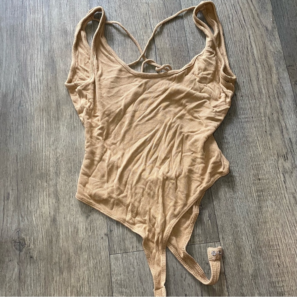 Forever 21 Ribbed Tan Bodysuit – Adjustable Tie Back, Scoop Neck, Size Large